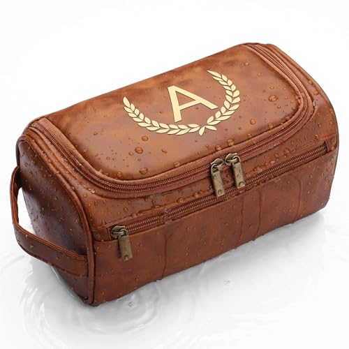 OXYEFEI Personalized Toiletry Bag for Men,Personalized Gifts for Men,Engraved Initial PU Leather Mens Toiletry Travel Shaving Travel Essentials Toiletries Bag for Him Birthday (A, Light Brown) - color: Light Brown, style: A