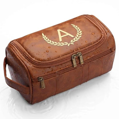 OXYEFEI Personalized Toiletry Bag for Men,Personalized Gifts for Men,Engraved Initial PU Leather Mens Toiletry Travel Shaving Travel Essentials Toiletries Bag for Him Birthday (A, Light Brown) - color: Light Brown, style: A