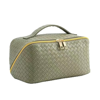 Travel Makeup Bag for Women, Waterproof Vegan Leather Cosmetic Bag, Large Capacity Pouch Open Toiletry Bag with Brush Compartment and Handle - color: B-Green