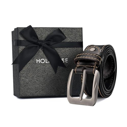 Italian Full Grain Vegetable Tanned Leather Belt Men Western Cowboy Casual Jean Belt 1.5 Wide 7 Holes - color: Full Grain Leather / Black, size: Belt Size 36 / Pants Size 34