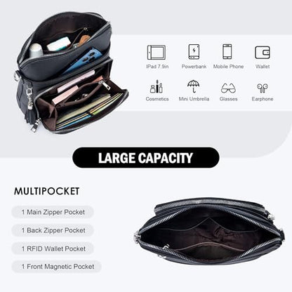Roulens Crossbody Purse for Women Vegan Leather Medium Crossbody Wallet Bag for Travel Women Shoulder Handbags with Tassel - color: Black