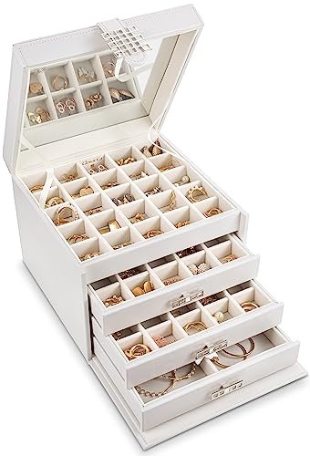 Glenor Co Earring Organizer Holder - 75 Small & 4 Large Slots Classic Jewelry Box with Drawer & Modern Closure, Mirror, 4 Trays Earrings, Ring or Chain Storage - PU Leather Case - White - color: White
