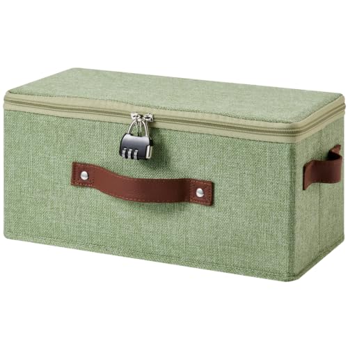 Lockable Storage Bins Box with Zipper Lid Combination Lock | Cotton Linen Fabric Basket w/ PU Leather Handles, DVD CD Container, Foldable Closet Shelf Organizer, Light Green, 13"x 6"x 6" - color: Light Green, size: Small-13"L ( Set of 1 )