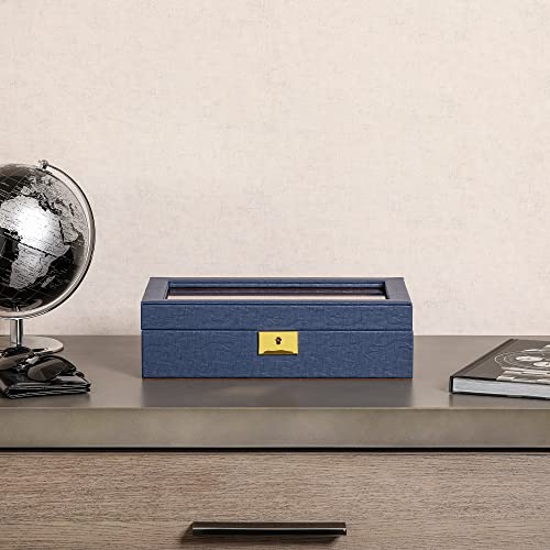 ROTHWELL 10 Slot Leather Watch Box - Luxury Case Display Jewelry Organizer - Locking Watch Display Case Holder with Large Glass Top - Box Organizer for Men and Women (Blue/Tan) - color: Blue / Tan