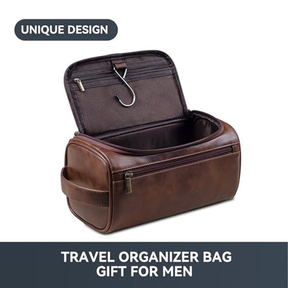 Toiletry Bag for Men,Small Leather Travel Pouch Bag with Hanging hook - color: Deep Brown