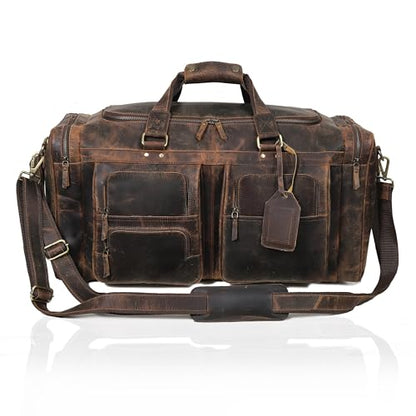 Large 24 inch duffel bags for men holdall leather travel Duffel bag overnight gym sports weekend Duffle bag (Dark Brown, 24" Large)