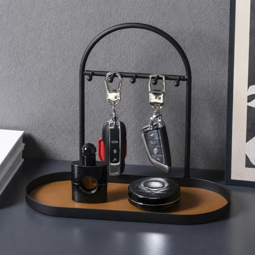 Shinpuru Key Holder Tray, Metal Stand with Leather Tray, 5 Hooks (Brown) | Keys and Jewelry Organizer - color: Brown