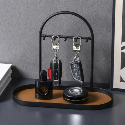 Shinpuru Key Holder Tray, Metal Stand with Leather Tray, 5 Hooks (Brown) | Keys and Jewelry Organizer - color: Brown