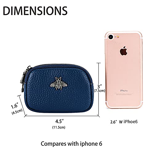 Genuine Leather Coin Purse for Women Small Double Zipper Wallet Mini Change Pouch with Bee Charm for Cash Cards Keys Cute Compact Organizer (Royal Blue) - color: Royal Blue