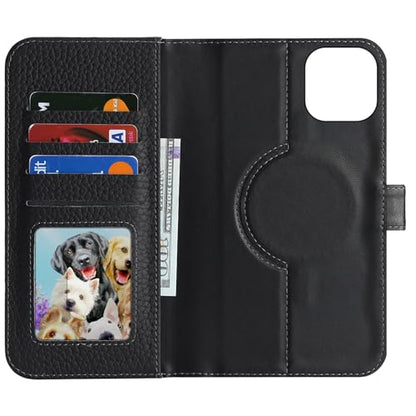 Detachable Genuine Leather Case for iPhone 15 Wallet Case Magnetic 2in1 Removable Flip Cover Book Purse Compatible with Magsafe Charging Kickstand Card Holder-Black - color: Black, size: iPhone 15