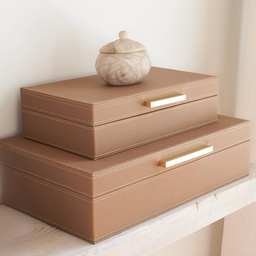 Decorative Storage Boxes with Lids - Set of 2 PU Leather Organizer Bins | Beautiful Bins for Your Bookshelf Home Decor - Safely Store Photos, Documents and Memory Box Keepsakes in Style - color: Brown