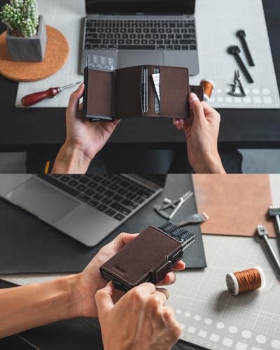VULKIT Credit Card Holder RFID Blocking Leather Automatic Pop Up Wallet Magnetic Wallet Double Card Case for Men and Women - color: Alcantara Brown