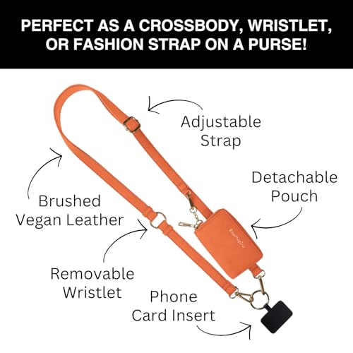 Save the Girls Clip and Go Brushed Vegan Phone Lanyard - Crossbody Phone Case with Pouch, Adjustable and Removable Strap - color: Tangerine