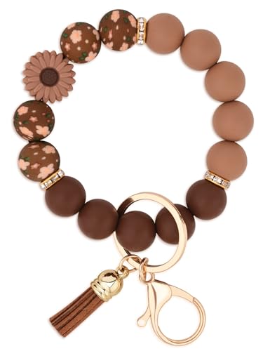 BAOSIWA Silicone Beaded Keychain Wristlet Key Ring Bracelet Cute Car Key Chain Holder for Women Girls - color: Daisy Coffee