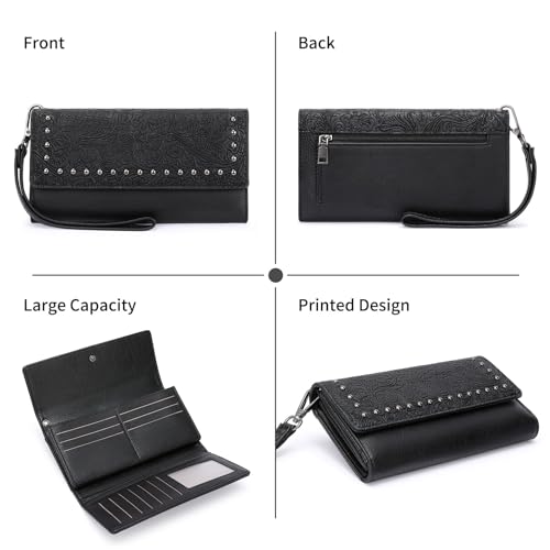 Wallets for Women Trifold Wristlet Wallets Large Capacity RFID Blocking Ladies Purse Credit Card Holder - color: F-Elegant black