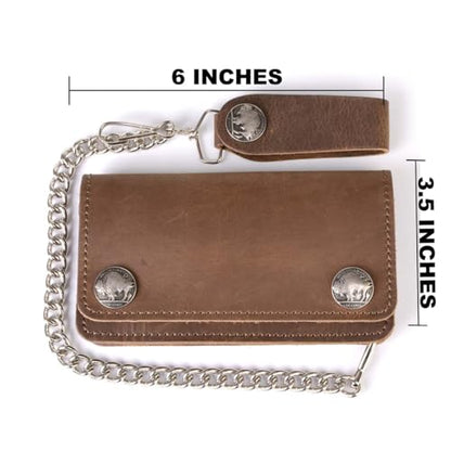 Milwaukee Leather MLW7865 Men's 7" Black Soft Premium Cowhide Leather Tri Fold Wallet w/Anti-Theft Stainless Steel Chain - color: Brown Buffalo Coin, size: 6 Inch