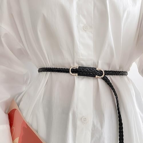 Women's PU Leather Thin Braided Woven Waist Belt Skinny Waist Strap for Summer Dresses & Jeans - color: Black