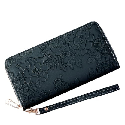 Womens Wallet RFID Wristlet Wallet for Women Cute Floral Leather Credit Card Holder Wallet Ladies Clutch Long Purses - color: A01-black
