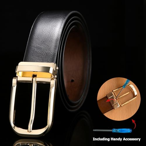 Mens Belts Leather Reversible 1.25" Black Dress Belt for Men - color: Gold Buckle Belt, size: Fits Waist 30"-38"