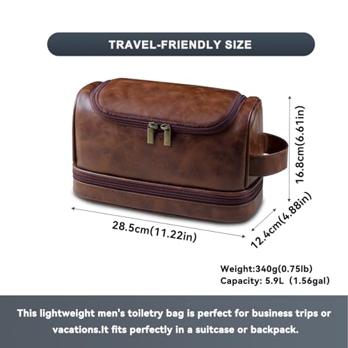 Toiletry Bag for Men,Large Leather Travel Pouch Bag with Hanging hook - color: Red Brown