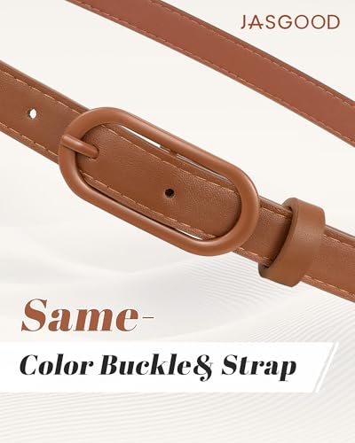 JASGOOD Women Skinny Belt for Jeans Dresses Fashion Thin Waist Belt with Oval Pin Buckle 0.7" Width - color: Brown, size: Fit waist size 32''-36''