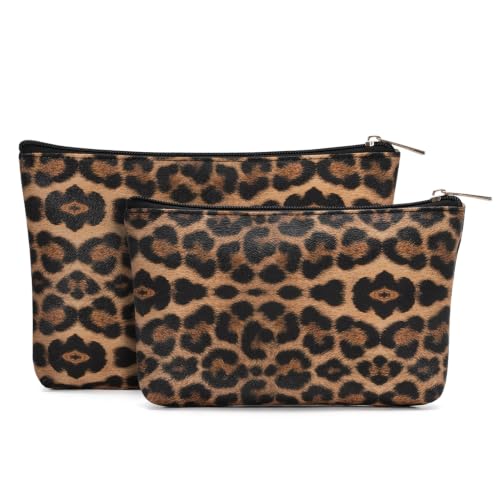 Wandering Nature Small Makeup Bag, 2 Pack, Brown Leopard Print | Vegan Leather, Zipper Closure, Travel Pouch, for Purse, Cute, For Women - color: Brown Leopard Print