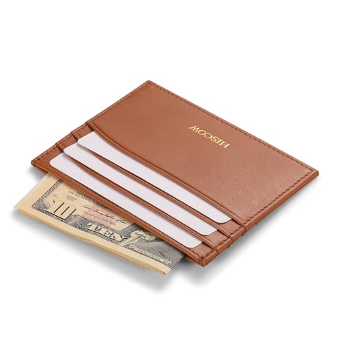 HISCOW Slim Full Grain Leather Card Holder, Cognac | Men's minimalist EDC wallet, front pocket carry, 6 credit card slots & center pocket, fits folded bills, premium gift box - color: Cognac