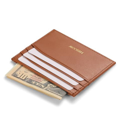 HISCOW Slim Full Grain Leather Card Holder, Cognac | Men's minimalist EDC wallet, front pocket carry, 6 credit card slots & center pocket, fits folded bills, premium gift box - color: Cognac