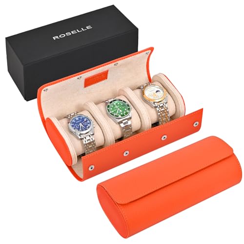 Genuine Leather Watch Roll Travel Case - Watch Roll Case For 3 Watches | Luxury Lining - Protect, Travel,Store，Gift and Display Fine Watches(3 Slot Orange) - color: Orange/ White-3