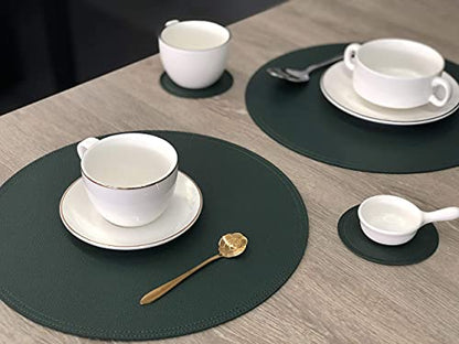 Jovono Faux Leather Round Placemats and Coasters, Wipeable Table Mats, Easy to Clean, Double Stitched for Kitchen Dining Table, Party, Restaurant, Diameter 13'' and 3.9'', Green - color: A Green, size: Set of 4