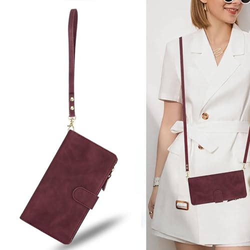iCoverCase Compatible with iPhone 15 Crossbody Case with Strap, Wallet Phone Case Card Holder [Not Detachable] PU Leather Kickstand Zipper Lanyard Case 6.1" (Claret) - color: Claret, size: for 15 6.1 inch