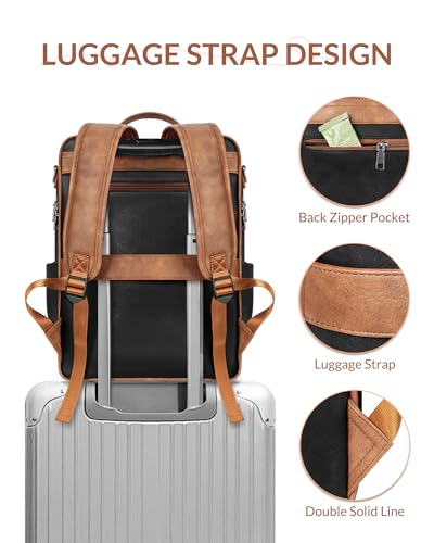 SYTRAH Leather Laptop Backpack for Women, 15.6 inch Computer Daypack Brown | Vegan Leather with dedicated 15.6" Laptop Compartment, 9-Pocket Organizer, Breathable Mesh Strap, Work & Travel - color: Black Brown