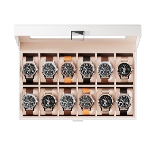 ProCase Watch Box Organizer, 12 Slot Watch Display Case, White | Watches Storage Boxes Holder for Men Women, Large Glass Lid, Removable Pillows, Anniversary Christmas Birthday Gifts - color: White, size: 12-Slot