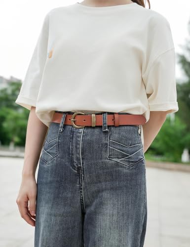 Women's Genuine Leather Belt Solid Brass Buckle | 1.1 Inches Wide,Genuine Cowhide Leather, Soft & Durable, Casual Everyday Style, Fits Jeans Pants, Circle Buckle - color: Tan, size: L (Waist 36-40 Inches)
