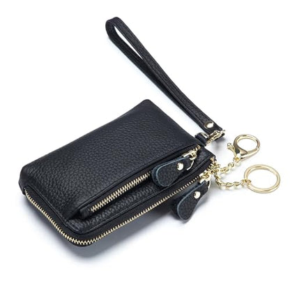 Women Genuine Real Leather Coin Purse with Hand Strap. 3 Zipper Small Wallet Wristlet with 3 credit cards slots Holder - Black - color: #01 Black