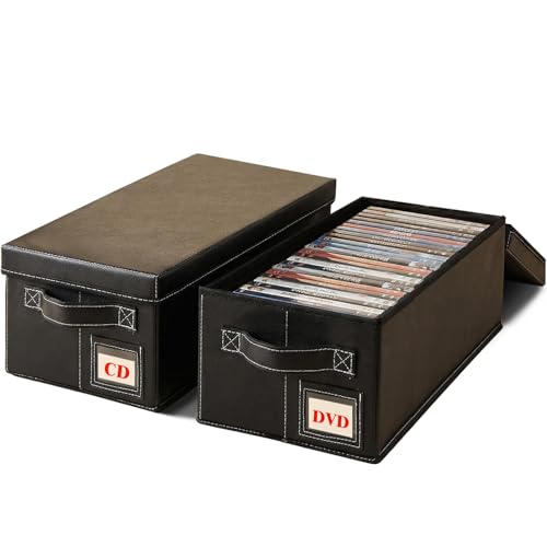 2 Pack DVD Storage Boxes with Lid – Holds 52 DVDs Cases (26 Each), Stackable Premium PU Leather, Media Organizer for Blu ray, CDs & Video Games - size: 2 Boxes