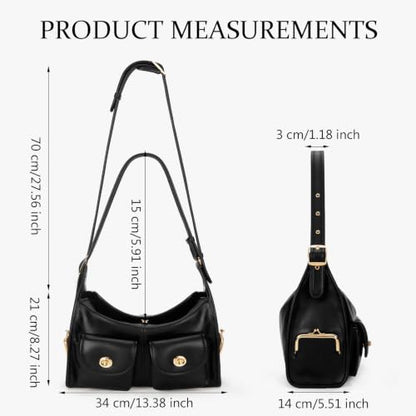 Turn Lock Shoulder Bag for Women Multi-Pocket Shoulder Hobo Handbags Large Kiss Lock Tote Crossbody Bags for Work - color: Black