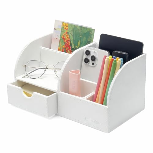 UnionBasic Desk Organizer - Multifunctional Leather Desktop Pen Holder Storage Box - Business Card/Pen/Pencil/Mobile Phone/Stationery Holder, White - color: White