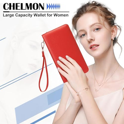 Chelmon Women's Vegan Leather Clutch Wallet with Zip, Hand Strap, Large Capacity - color: Pebble Red