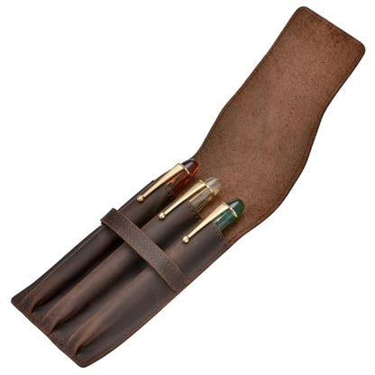 Lanxivi Crazy Horse Leather Fountain Pen Case 3 Divided Slots, Handmade Display Pen Holder, Luxury Pen Sleeve - color: Crazy Horse Retro