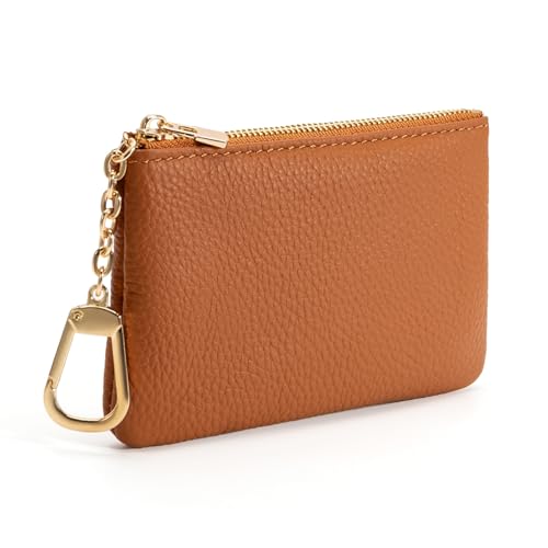 Full Grain Leather Coin Purse with Key Chain - Small Change Purse Keychain Card Holder Keychain Pouch Small Keychain Wallet for Women and Men (Brown, Large Size) - color: Brown, Large Size