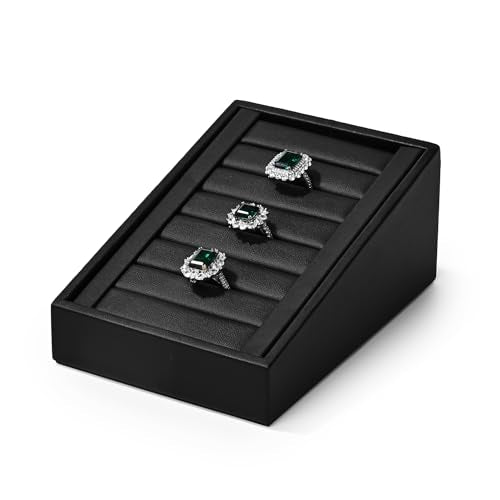 Black PU Leather Slotted Ring Jewelry Display Stand Organizer | Easy-clean scratch-proof PU leather slotted stand, orderly ring earring storage for home dresser & trade show holiday gifts