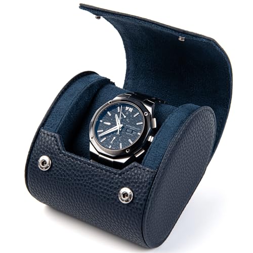 Single Watch Travel Case for Men – Leather Holder Box, Fits up to 55mm | Removable Cushion | Small Portable Watch Pouch | Gift Ready (Midnight Navy/Midnight Navy) - color: Midnight Navy / Midnight Navy