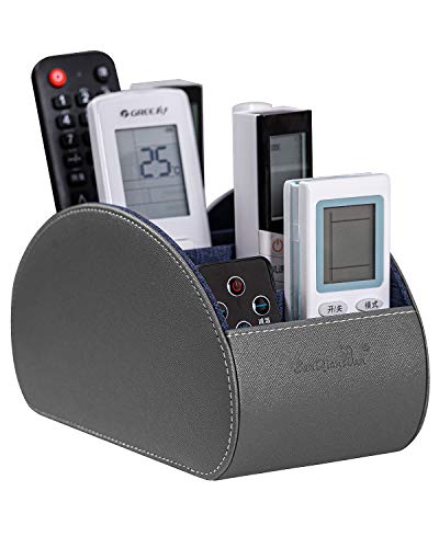 BONNY DODO Remote Control Holders Organizer Box with 5 Compartment PU Leather Multi-functional Office Desk Storage Caddy Store Tv Remote for Media Player,Brush,Pencil,Glassees&Office Supplies (Gray) - color: Gray, size: M