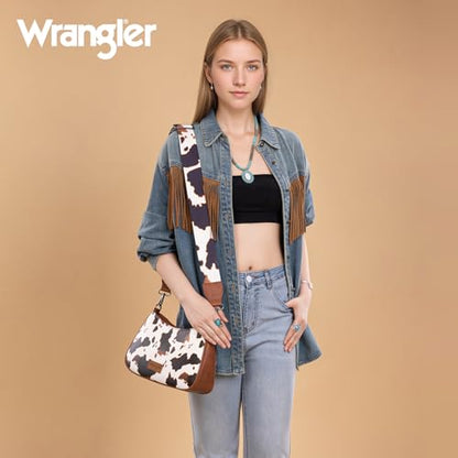 Wrangler Shoulder Bag for Women Western Small Purse Hobo Handbag | Aztec, Underarm Bag, 2 Detachable Straps, Secure Zipper Closure, Back Pocket, Crossbody Bag for dates, travel and everyday - color: Cow Print-brown