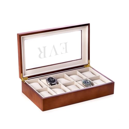 Bey-Berk Modena Personalized Cherry Wood 10-Slot Watch Box, Custom Glass-Top Solid Wood Display Case with Velour-Lined Watch Cushions, 14.75" x 8.5" x 3.5" - color: 10 Watches