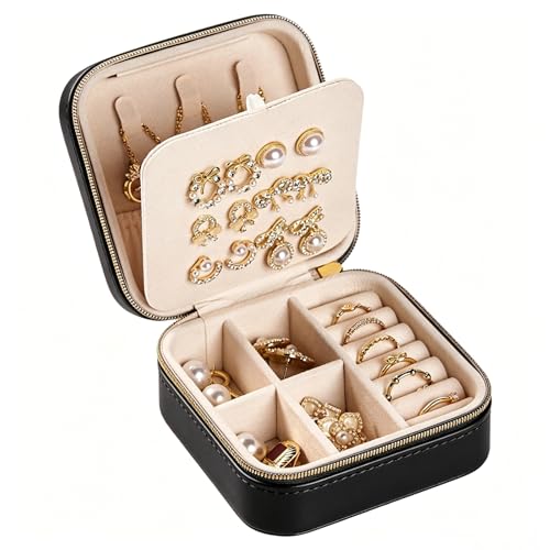Travel Jewelry Box, PU Leather Organizer for Women Girls, Portable Case | Double Layer Structure with Earring Board, Ring Slots and Necklace Hooks, Keeps Accessories Neat for Trips and Daily Use - color: Black