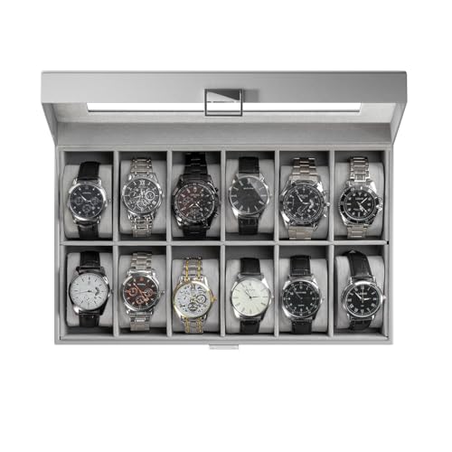 ProCase Watch Box Organizer, 12 Slot Watch Display Case, Grey | Watches Storage Boxes Holder for Men Women, Large Glass Lid, Removable Pillows, Anniversary Christmas Birthday Gifts - color: Grey, size: 12-Slot
