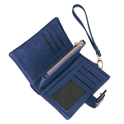 Wallets for Women Small Leather Rfid Ladies Wallets Bifold Medium Billfolds for Women Compact Trifold Wristlet with Wrist Strap Coin purse Card holder (Blue) - color: Blue