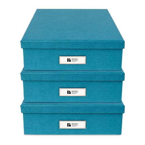 Bigso Oskar Fiberboard Label Frame Document Letter Box - File Organizer Box for Important Paperwork - Document Storage with a Lid & Label Window - 3.3 in x 10.2 in x 13.8 in - 3 Pack - Turquoise - color: Turquoise, size: 3 Pack